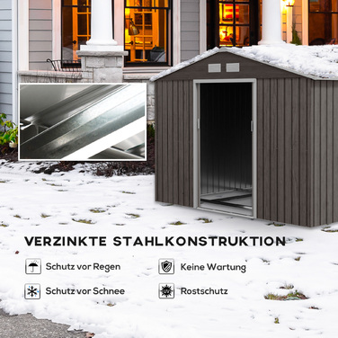 Outsunny Metal Garden Shed Садовий сарай з фундаментом, стійкий до погодних умов, сірий, 277x195x192 см, ідеально підходить для саду та зберігання інструментів
