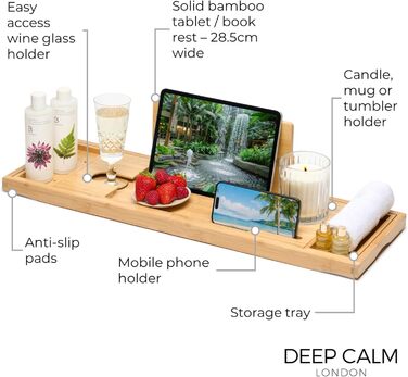 Підставка для ванни Deep Calm - регульована бамбукова підставка - антиковзаюча підставка для ванни. Підходить для більшості ванн. Місце для книги, iPad, телефону, склянки, свічки (натуральний бамбук)