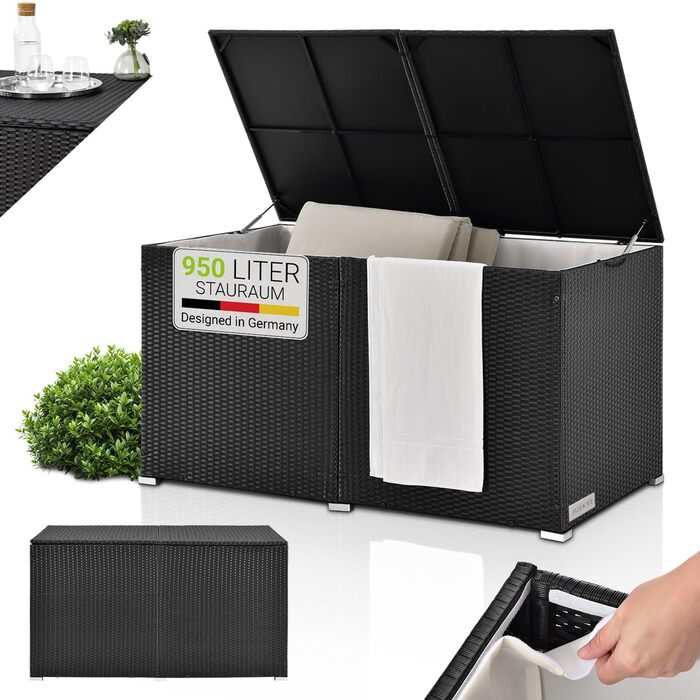 Ящик для подушок Juskys Ikaria 950л з кришкою з автопідйомом та внутрішньою підкладкою - Садова скриня 145x82x79 см чорна