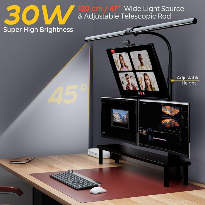 LED лампа настільна EYOCEAN 24W, 80см з жестами, диммування, захист очей для офісу, читання, архітекторів, дизайнерів (чорна)