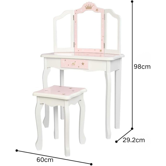 Дитячий туалетний столик LEADZM з пуфом для дівчаток, з двома дзеркалами 180°, комод з шухлядою, для дітей 3-9 років (білий & рожевий)