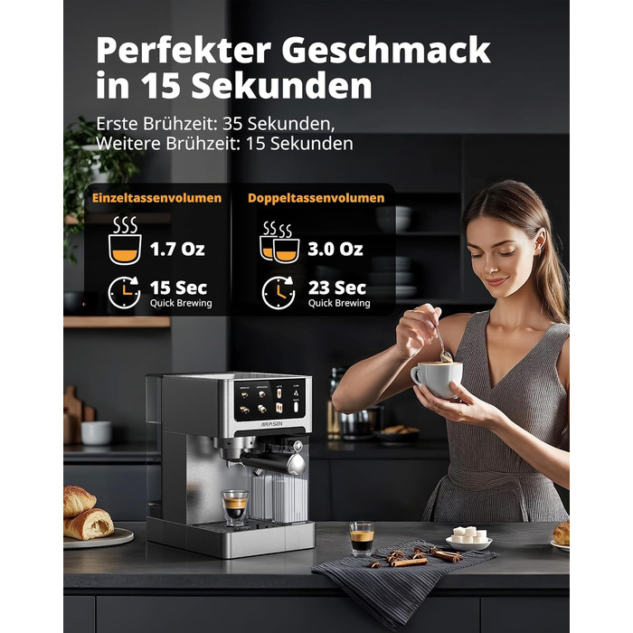 Еспресо-машина Siebträger з подвійним бойлером, 20 Bar, автоматичний спінювач молока, для капучино та лате, нержавіюча сталь, 1.8L бак, сенсорний екран