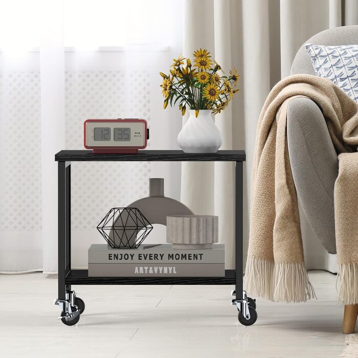 Двоярусний стіл для принтера з роликами, 30x42x37 см, дерев'яний та металевий, мобільний, для офісу та вітальні, чорний