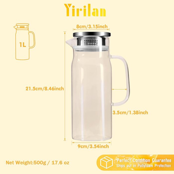 Скляна карафа Yirilan 1.5л з кришкою, 1000 мл - прозора скляна канавка для води