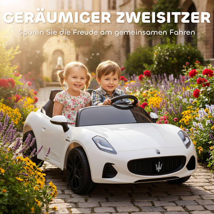 Дитячий електромобіль Maserati, 2 місця, акумулятор 12V, пульт дистанційного керування, світлодіодні вогні, музична панель, білий