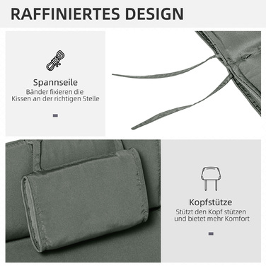 Подушка для шезлонга Outsunny, м'яка підстилка для саду з подушкою для голови, знімний чохол, сірого кольору, 198 x 53 x 5 см. Тільки подушка.