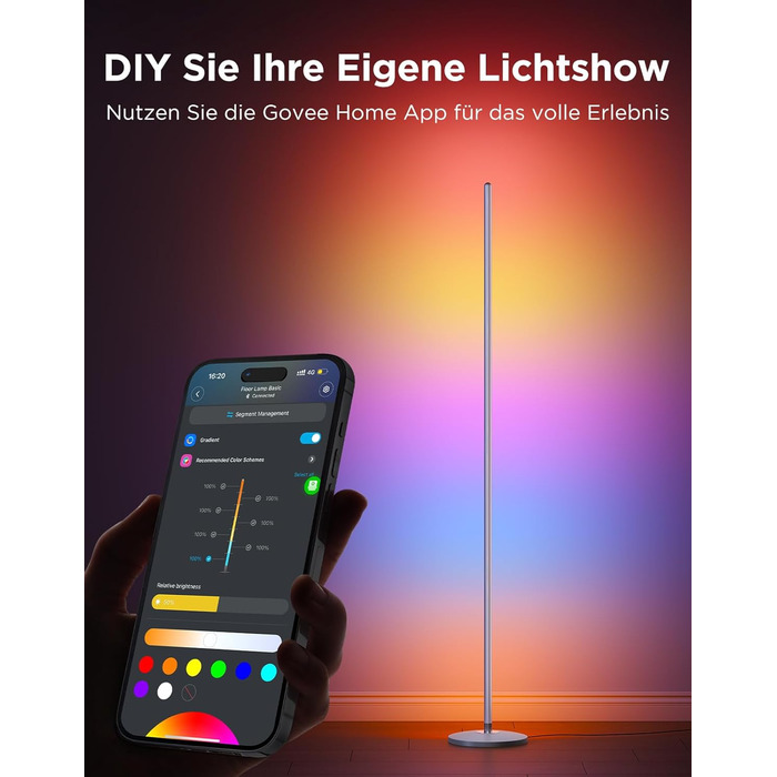 Govee RGBIC LED Торшер WiFi, Диммування, Alexa & Matter, 16 млн кольорів, 85 режимів, Музичний режим, DIY, для вітальні, спальні, геймінгу (Срібний, 1 шт)