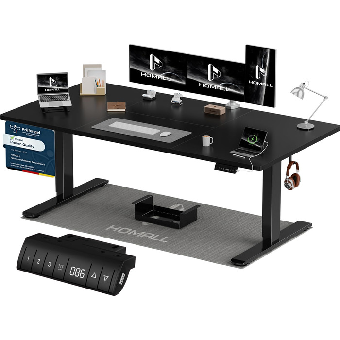 Регульований стіл Homall 200x80 см з USB-портом, електричний, з органайзером для кабелів, пам'ять позицій, для комп'ютера, чорний