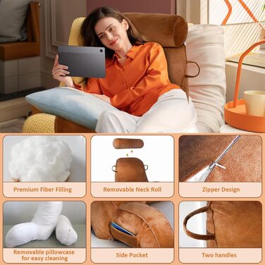 Подушка для читання MINGPINHUIUS XL для ліжка та дивана з знімною подушкою для шиї, ідеальна для дорослих, з піною з пам'яті для комфортного читання, роботи, ігор, перегляду телевізора та відпочинку (Коричнева)