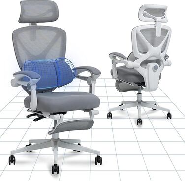Крісло офісне ергономічне FLEXISPOT з регулюванням нахилу 135°, 3D-підголовник, підлокітники з регулюванням, підставка для ніг, колір біло-сірий (OC4)