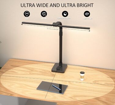 LED настільна лампа LOTTBUTY з гнушим шийкою, 24W, 80см, для офісу та дому, з підставкою для телефону (чорний)