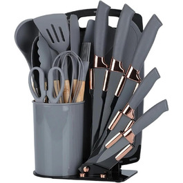 Набір кухонних ножів 19 в 1 з бруском, аксесуари для кухні та набір ножів, включає силіконовий набір кухонного інвентарю, 5 штук гострих ножів з нержавіючої сталі, ножиці та дошку для нарізання (сірий)