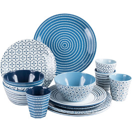 Набір посуду для кемпінгу на 4 особи, блакитно-білий, з меламіну, 16 предметів. Ідеально для кемпінгу, автодому та пікніків
