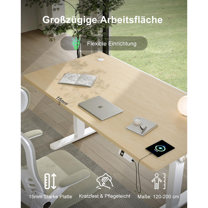 Регульований стіл Devoko 200x80 см з USB-C, електричний, для дому та офісу, білий (200 x 80 см, дуб)