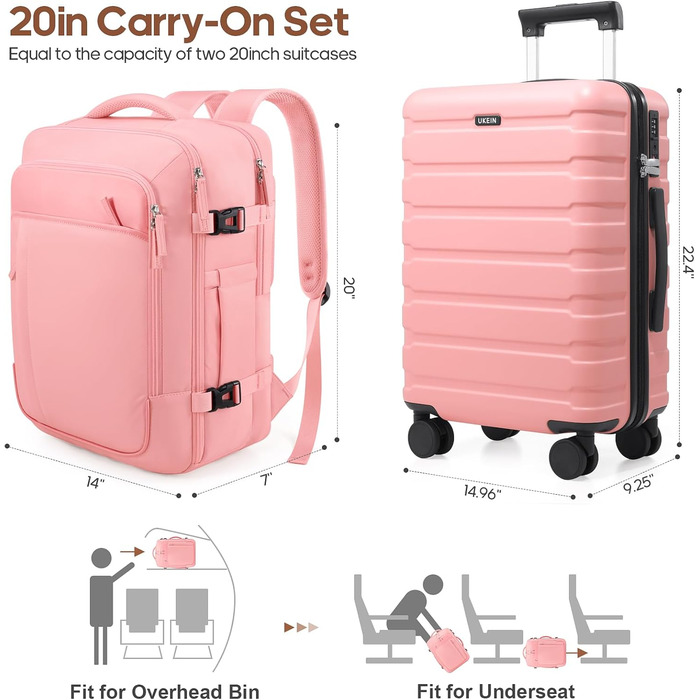 Набір валіз Roadcheer 5 в 1: рожевий дорожній набір з полікарбонату з TSA-замком | Чемодан на коліщатках, рюкзак, кулькові сумки, сумка для взуття
