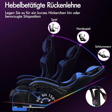 Ігровий крісло Alfordson з підніжкою, масажем, регулюванням на 150° та PU-шкірою. Макс. вага 180 кг, серія Eryx (Чорний/Синій)