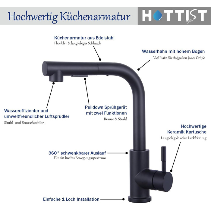 Змішувач для кухні 2 режими, змішувач HOTTIST розсувний змішувач з нержавіючої сталі 304, поворотний на 360 (чорний)