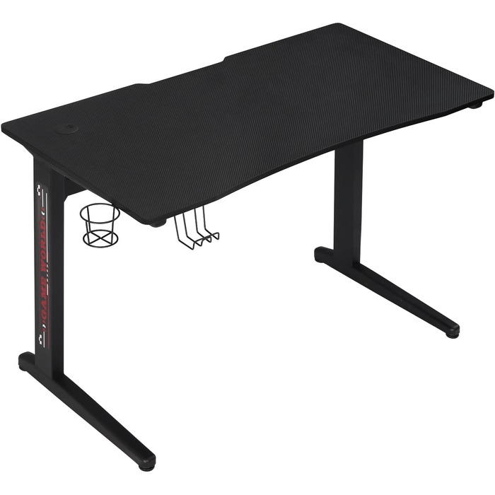 Ергономічний ігровий стіл Ігровий стіл для ПК Комп'ютерний стіл з Т-подібними ніжками, робочий стіл з кабельною втулкою Тримач чашки Тримач для навушників, чорний TS133sz, 115x60