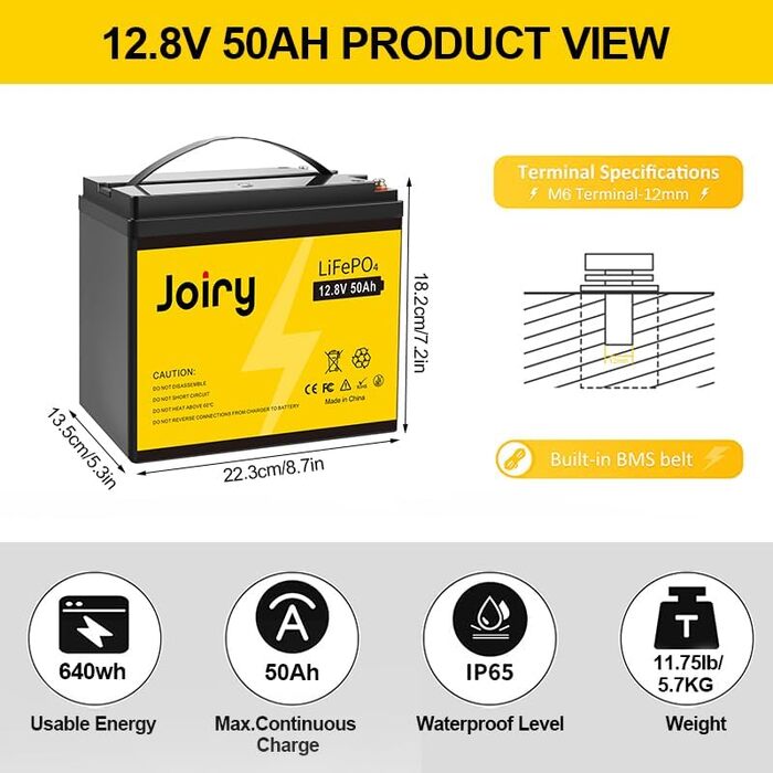 Акумуляторна батарея Joiry 12V 50Ah LiFePO4, 640 Втгод, акумуляторний, BMS, 5000 циклів, чудово підходить для сонячної системи, човна, дому