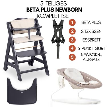 Високий стільчик для годування Hauck Beta+ Newborn Set - комплект для новонароджених, від народження з 2-в-1 люлькою-гойдалкою, подушкою для сидіння та підносом для їжі - Темно-сірий