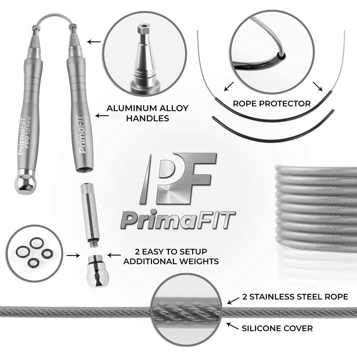 Скакалка PrimaFIT для дорослих, професійна швидкісна Скакалка для фітнесу, 3 м, Регульована з обтяженнями, 2 шарикопідшипника і протиковзкі ручки, професійний Скакалка для боксу, ММА, кроссфіта, додатковий сталевий канат, кишеньковий Срібний