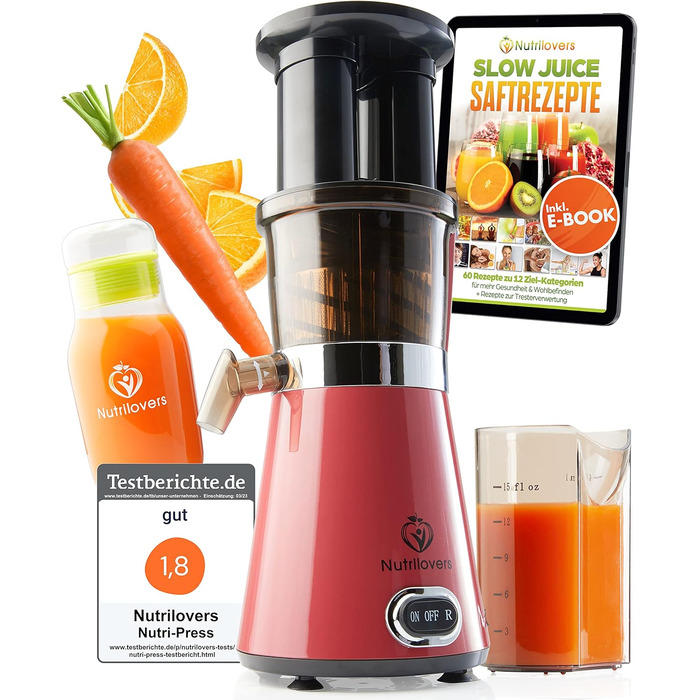 NUTRI-PRESS повільний соковитискач для фруктів та овочів, електричний, 2 отвори для завантаження, тихий, з пляшкою для соку To Go та додатком з рецептами, рожевий
