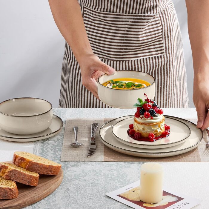 Набір посуду Joyfair на 6 осіб, 18 предметів, кераміка, рифлений хакі. Тарілки обідні, десертні, миски для сніданку. Підходить для мікрохвильовки та посудомийної машини