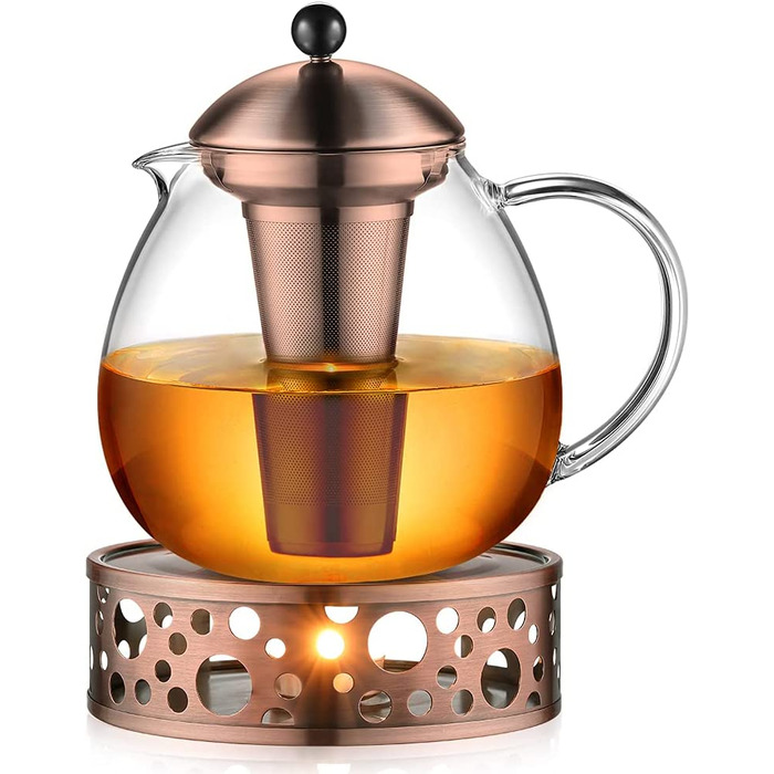 Скляний скляний Срібний чайник з нержавіючої сталі 18/8, ситечко для чаю з боросилікатного скла, чайник, підходить для підігріву чаю (тип3-2, бронзовий чайник з ручкою, 1500 мл)