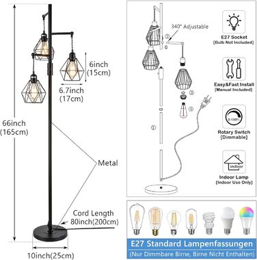 Вінтажний торшер Rayofly Dimmable з абажуром з ротанга, 3-полум'я, висота 165см