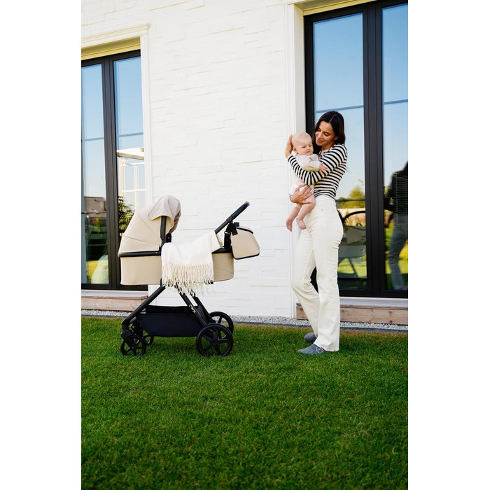 Дитяча коляска MoMi GISELLE 2 в 1 комбінована, сіра, з функцією візка, 5-точкова система безпеки, від народження до 22 кг, з корзиною для покупок, матрацом, дощовиком та пеленатором