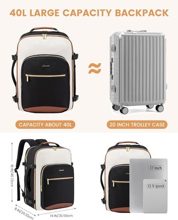 Рюкзак LOVEVOOK для ручної поклажі літака, 40L, водонепроникний, з відділенням для ноутбука 17 дюймів, для подорожей, школи, роботи, кемпінгу, чоловічий/жіночий, бежевий+чорний+коричневий