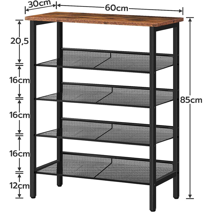 Полиця для взуття HOOBRO, 5-шарова шафа для взуття, регульована полиця для взуття, плоска та нахилена, стійка, металева, передпокій, коридор, промислова, вінтажна коричнево-чорна EBF10J01 (60 x 30 x 85 см)