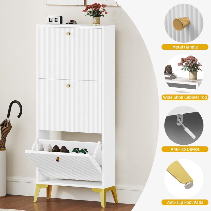 Шафа для взуття DWVO з 3 висувними ящиками, регульована перегородка, для прихожого, вітальні, біла