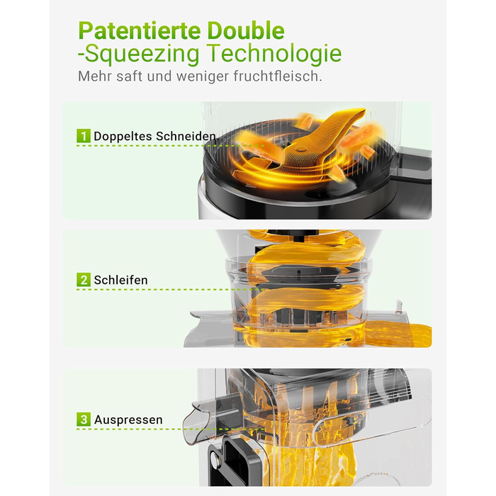 TUUMIIST Шнековий соковитискач XXL, 150 мм, 3 л, для сім'ї, 99% вижимка, BPA-free, REV Anti-Blockier System, чорний
