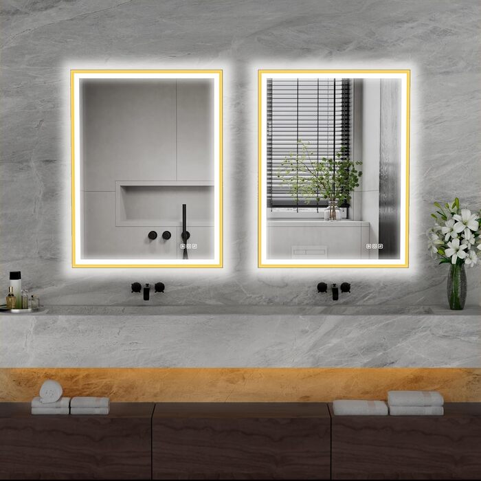 Круглий LED дзеркало для ванної кімнати Furduzz з підсвічуванням, 700 мм, настінний, сенсорний вимикач, регулювання яскравості, 3 кольори, проти запотівання, інтелектуальна пам'ять (модель 2, золота рамка, 70 x 50 см)