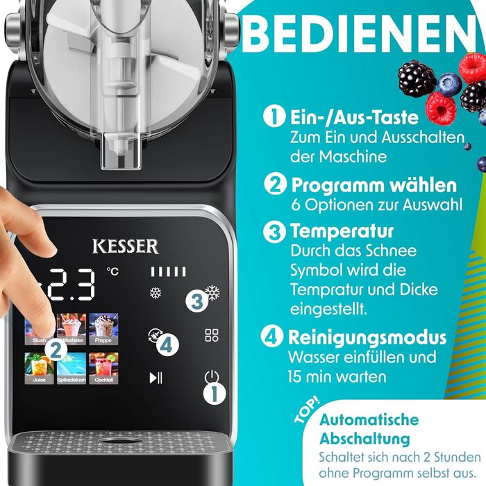 KESSER® Машина для приготування сляшу вдома - Сляш-мейкер 2L - для сляшу, коктейлів, фраппе, молочних коктейлів та замороженого соку - за 25 хв та з 6 програмами - в комплекті 3 стаканчика та книга рецептів, (2 літри, Чорний)