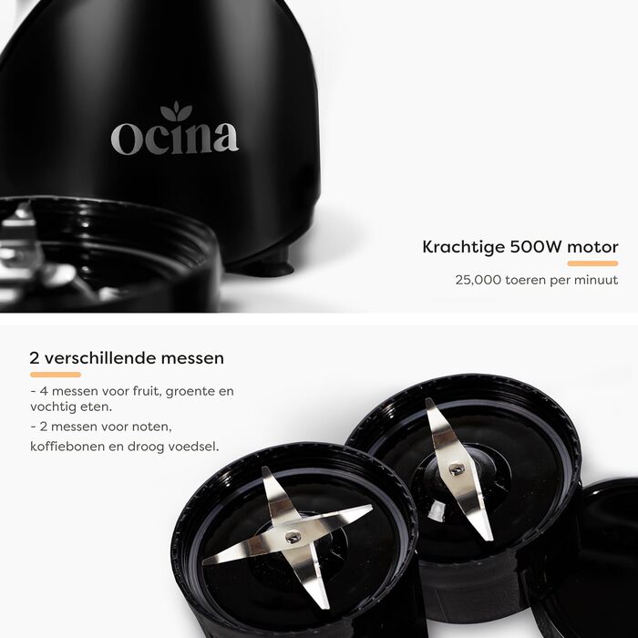 Міні-блендер Ocina - Смузі-мейкер - Блендер на винос - 500 Вт - Набір із 12 предметів - 4 чашки (матовий чорний) (чорний)