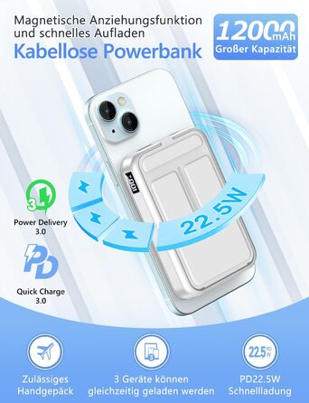 МАг, сумісний з Magsafe, PD 22.5 Вт, бездротовий, USB-C, LED-дисплей, сріблястий, 12000