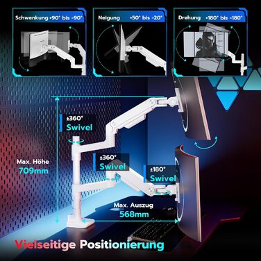 Кріплення для монітора ARES WING для 2 моніторів, 17-49 дюймів, газ-амортизатор, регулювання висоти, поворотний, VESA 75/100 мм, 2-20 кг, білий