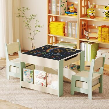 Дитячий стіл LIFEZEAL 3-в-1 з 2 стільцями: стіл для малювання, активностей та обіду. Дерев'яна дитяча група з місцем для зберігання (зелений)