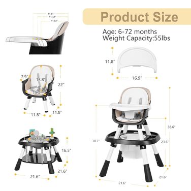 Дитячий стільчик XueMi Baby 15 в 1: трансформер, стільчик для годування, баутабль, з ременями безпеки, знімний піднос, чорний