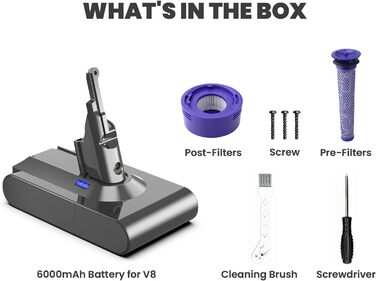 Змінна батарея V8 6000 мАг для пилососа Dyson V8 (включає 2 фільтри, викрутку, 3 гвинти, щітку)