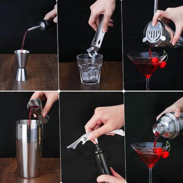 Набір для коктейлів 15 предметів, 750 мл, нержавіюча сталь, з підставкою з бамбука, мірним стаканом, ложкою та рецептами - професійний набір бармена для дому та бару