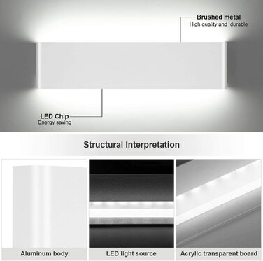 Світлодіодний настінний світильник для дому, настінний світильник потужністю 12 Вт, настінний світильник для підйому і опускання, білий, алюмінієвий, 6000 КБ, настінний світильник (2 шт.), бра, білий