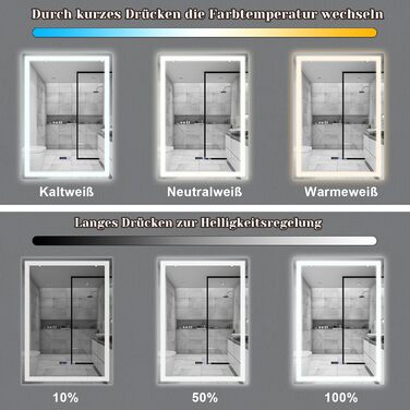 Дзеркало для ванної кімнати Mursche з підсвічуванням LED, 50x70 см, IP44, сенсорний вимикач, годинник, антизапар, регулювання яскравості 3000K-6500K