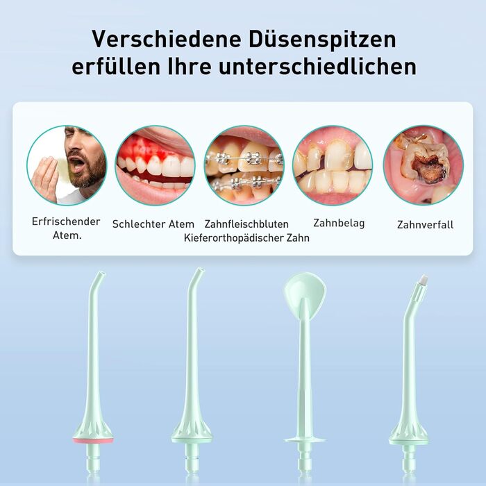 COSLUS Бездротова електрична зубна щітка-іригатор: 4 режими, 300 мл резервуар, для догляду за зубами та язиком, портативна, ідеальна для подорожей, зелений