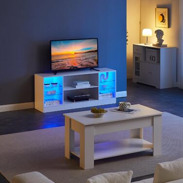 Тумба під телевізор CLIPOP Hochglanz Weiß з LED-підсвіткою, 130x34x57 см - ТВ тумба з скляною полицею для вітальні