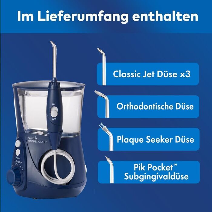 Waterpik Ultra Professional: Іригатор для ротової порожнини, тестування 2025, технологія Precision Pulse, сертифікат TÜV, видаляє до 99,9% нальоту, 6 насадок, 10 режимів, таймер, блакитний