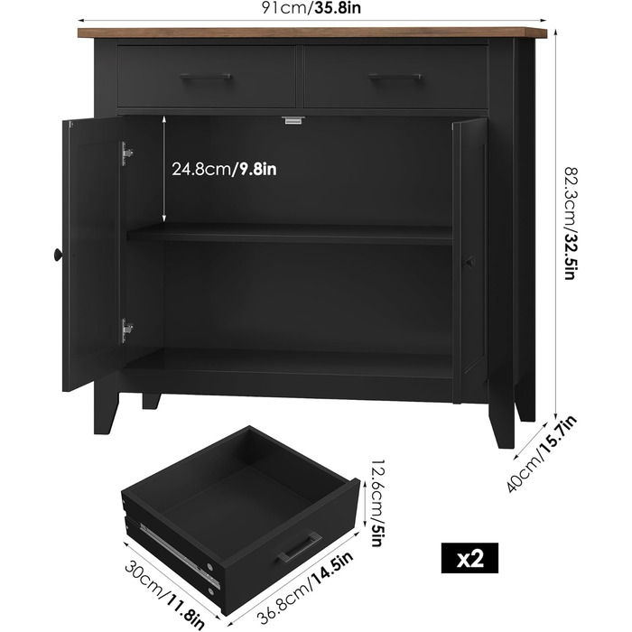 Кухонна шафа HOCSOK з робочою поверхнею, буфет з 2 шухлядами та 2 дверцятами, для кухні, вітальні, їдальні, передпокою, дерево, стиль кантрі, білий (чорний)