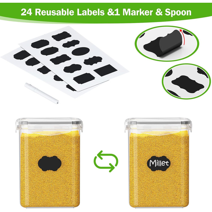 Набір з 24 герметичних контейнерів для зберігання продуктів, органайзер для холодильника, BPA-free, 42L, з етикетками